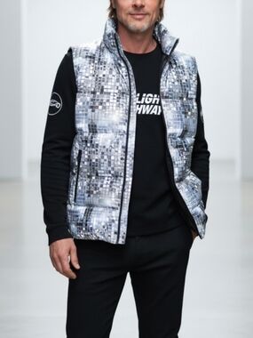 Disco Ball Mosaic Puffer Vest in Gray/White